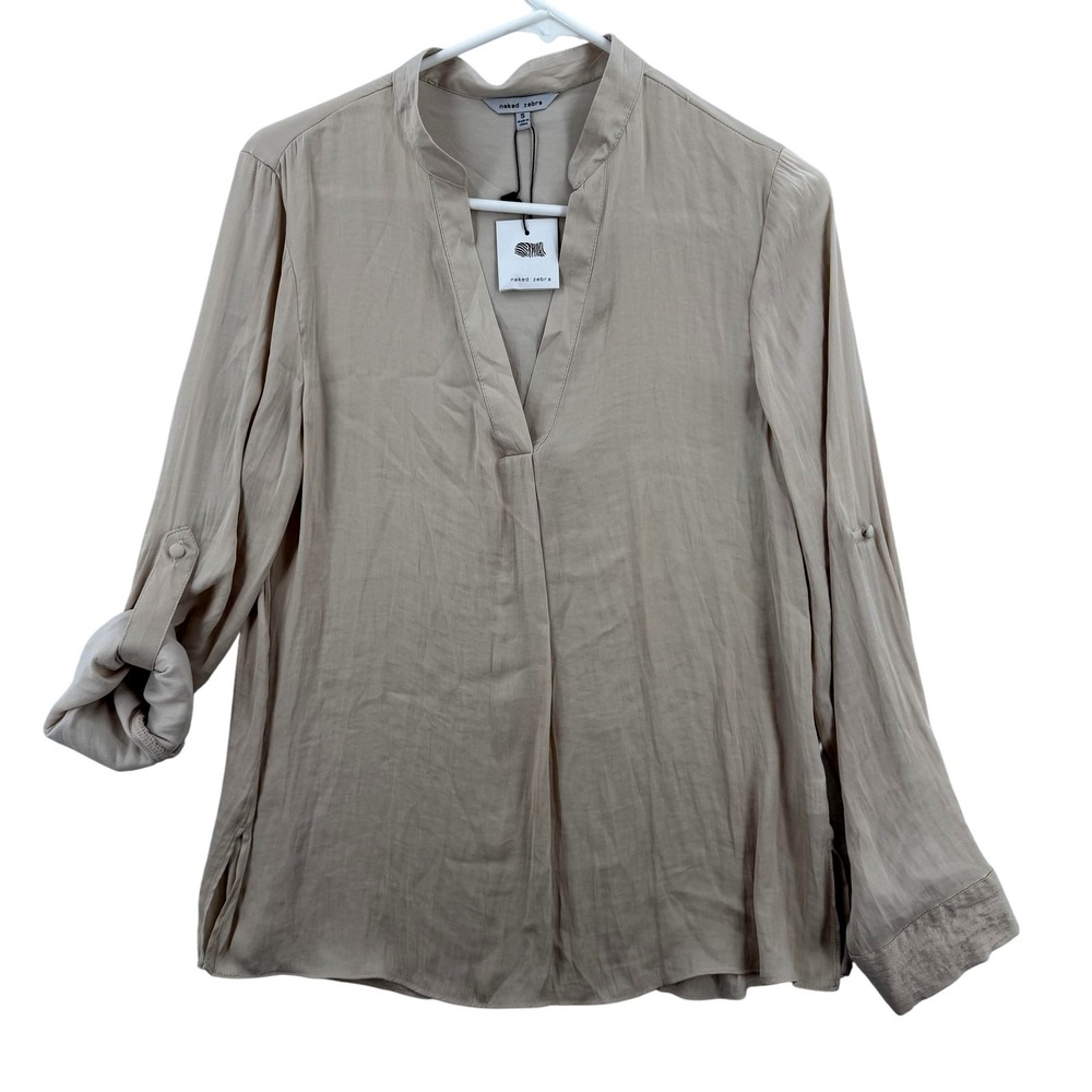 Naked Zebra Shirt‎ Womens Small Beige Split Neck Roll Tab Sleeve NWT YS31290